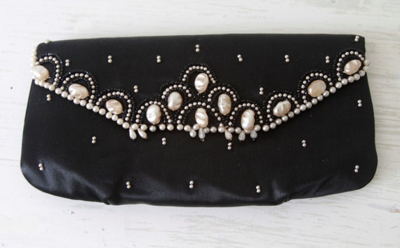 Vintage Magid Black Satin Clutch With Faux Freshwater Pearls | Etsy