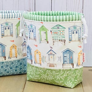 Beach Hut Drawstring Bag, Knitting Project Pouch, Toiletry Travel Bag (Green or Blue)
