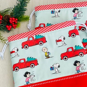 Sac à cordon de vacances Snoopy, sac à tricoter pour chaussettes, sac cadeau de Noël, emballage cadeau écologique Peanuts, cadeau pour tricoteuse, petit sac à tricoter