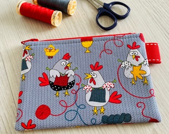 Knitting chickens notions pouch, mini zipper pouch, zipper coin purse, credit card holder, knitting gift idea, stocking stuffer