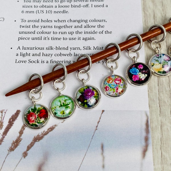 Flower garden stitch marker set, for knitting or crochet, choose fitting style and size, glass dome stitch markers, set of 8, snag free ring