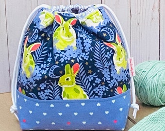 Drawstring project bag - Hop to it - bluebell, sock knitting bag, bunny lovers bag, Easter pouch, Easter egg hunt bag