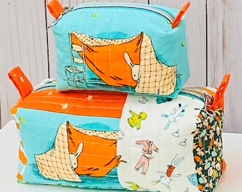 Quilted boxy pouch set - Lucky Rabbit in aqua, orange and cream - set of 2 zipper pouches, notions pouch, cosmetic bag, gift for knitter