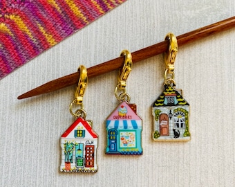 Home Sweet Home progress keeper set, 3 metal and enamel charm markers perfect for knitting or crochet, knitters gift idea