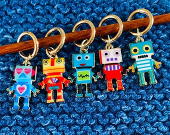 Robot stitch marker set, enamel robot charm progress marker for knit or crochet, choice of fitting style and size, gift for knitter