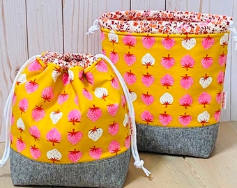 Strawberries drawstring bag, yellow and pink strawberry sock knitting bag, one skein project bag, reusable bag, handmade project bag