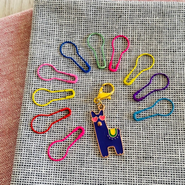 Lovely llama stitch marker set, 10 bulb pin markers and llama charm marker, choice of fittings, removable markers, gourd markers