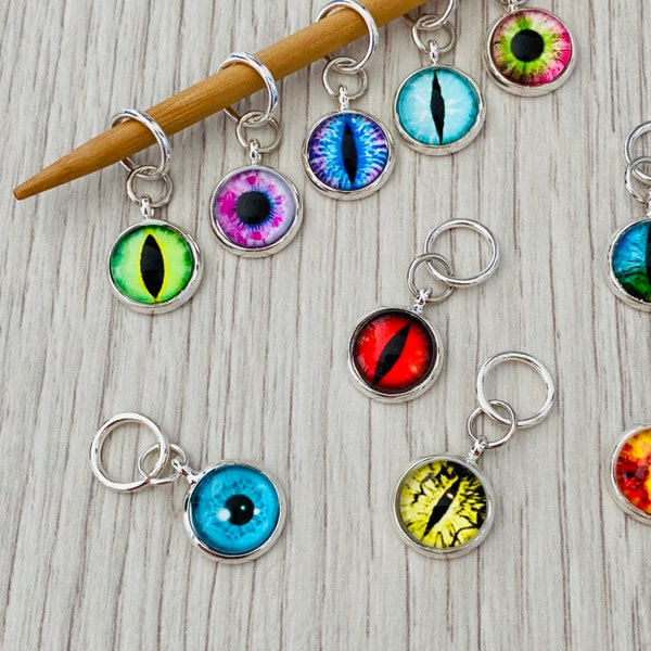 Cats eye stitch marker set, 10 silver plated glass dome markers for knitting or crochet, rainbow colours, choice of fittings, handmade