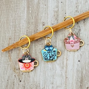Mini Kitty in a Cup Stitch Markers, Set of 3 Enamel Knitting Crochet Accessories