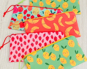 Slim zipper pouch - Happy Fruit - choice of 4 designs, notions pouch, purse organizer, teacher gift, pencil case, stocking stuffer