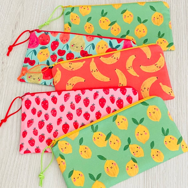 Slim zipper pouch - Happy Fruit - choice of 4 designs, notions pouch, purse organizer, teacher gift, pencil case, stocking stuffer