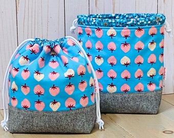 Strawberries drawstring bag, blue and pink strawberry knitting bag, one skein knit bag, sock knitting bag, summer bag, gift idea