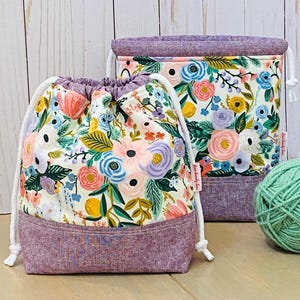 Sac à projet avec cordon de serrage - Verger en ivoire - Sac en tissu de lin et de coton Essex, un sac à chaussettes en écheveau, petit sac à tricoter, sac cadeau réutilisable