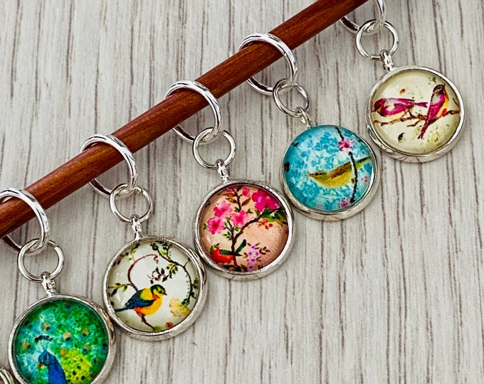 Song bird stitch marker set, 8 glass dome markers for knitting or crochet, choice of fittings, snag free rings, gift for knitters