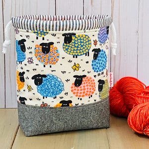 Happy Sheep drawstring sock sack, small project bag, one skein knitting bag, gift for knitter, handmade cotton and linen bag