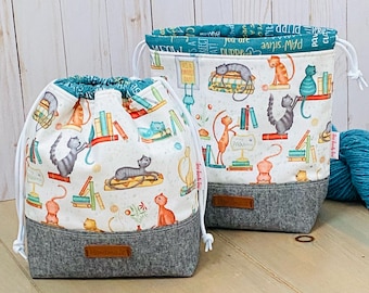 Purrfect Day drawstring sock sack, cat themed project bag, small knitting bag, one skein bag, reusable fabric bag