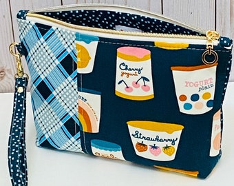 Large wristlet pouch - Yoghurt cups - on the go purse, notions pouch, casual clutch, zipper pouch, iPhone wristlet purse