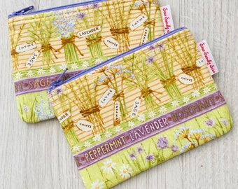 Herb garden mini zipper pouch, small notions pouch, ear bud holder, gift card holder, gift for gardener, stocking stuffer, zipper coin purse