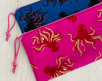 Slim zipper pouch - Octopus - choice of 2 colours, notions pouch, pencil pouch, cosmetic bag, teacher gift, stocking stuffer