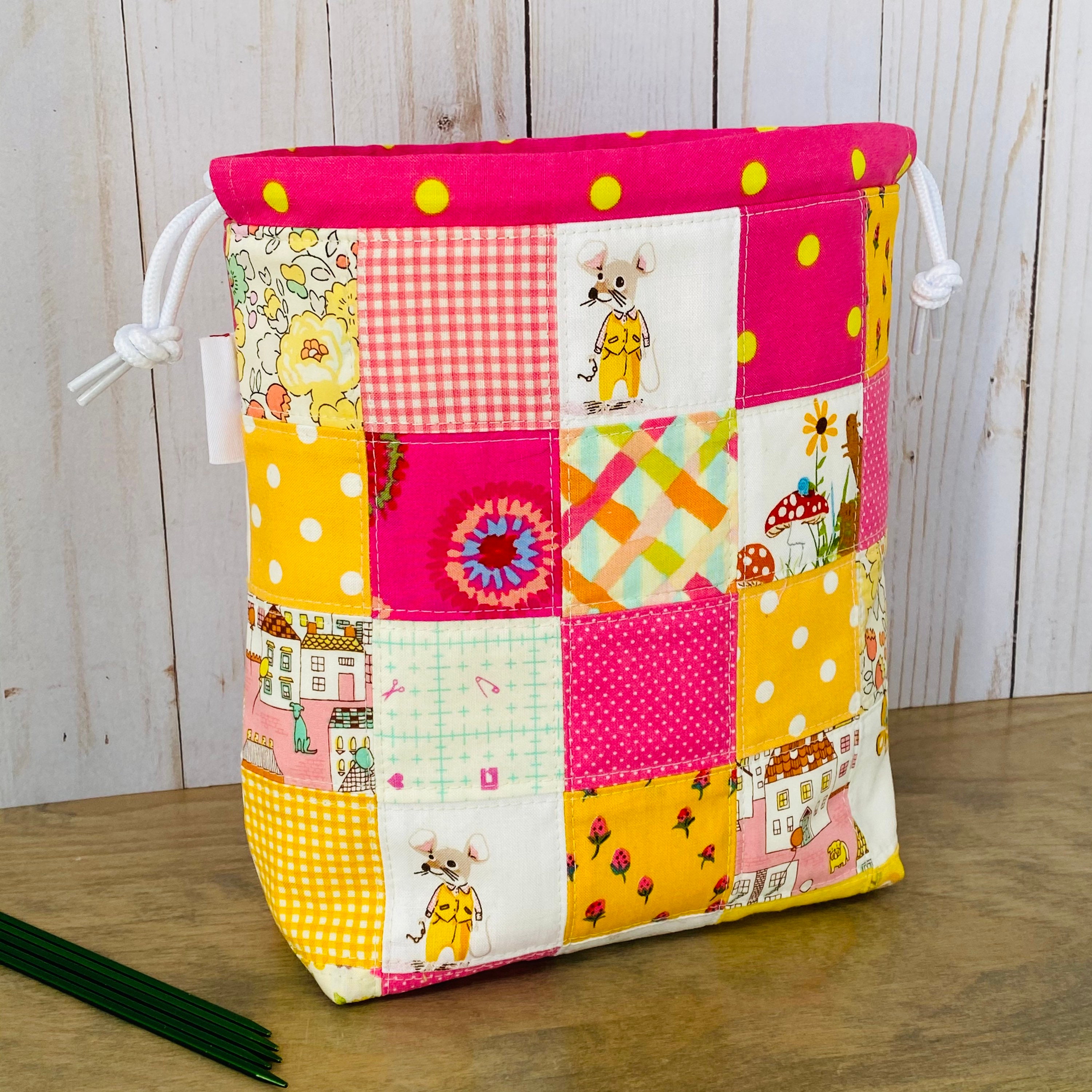 Patchwork quilted drawstring project bag yellow pink and | Etsy