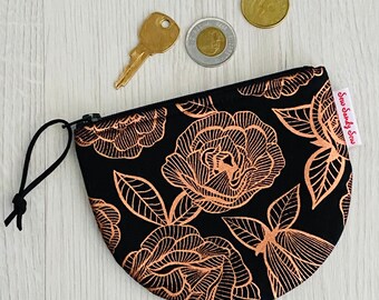 Curvy zipper pouch - Black and gold floral - notions pouch, coin purse, ear bud holder, stocking stuffer, fabric zipper purse, handmade item