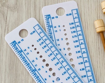 Knitting needle gauge, multi function knitting tool, knitting accessory, plastic ruler/knitting needle measure, Uk,US and Canada knit gauge