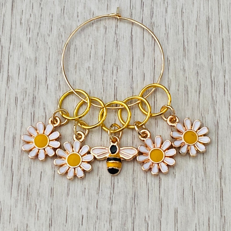 Bee and daisy stitch marker set, choice of fitting for knitting or crochet, set of 5 enamel charm markers, progress keepers image 8