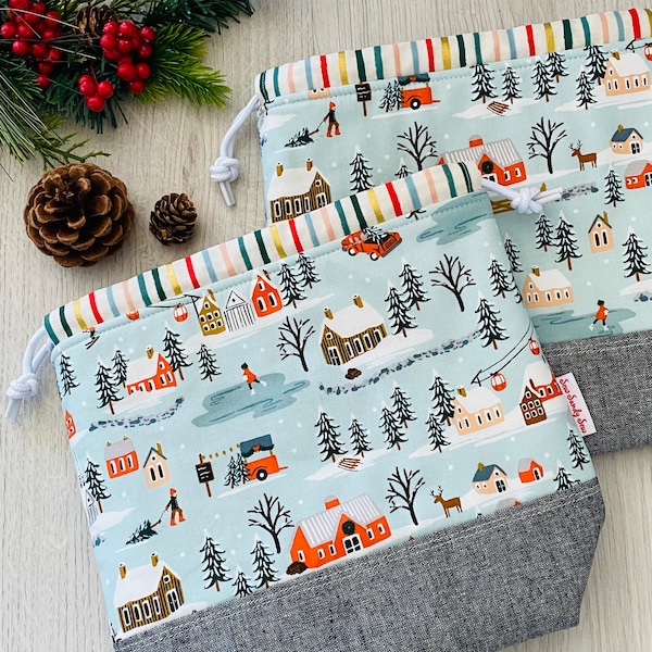 Holiday project bag - Rifle Paper holiday village - small knitting bag - sock knitting bag - holiday gift bag - eco gift wrap - drawstring