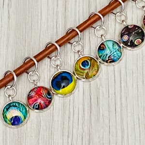 Peacock stitch marker set, glass dome markers for knitting or crochet, set of 8, choice of ring or lobster clasp, gift for knitter