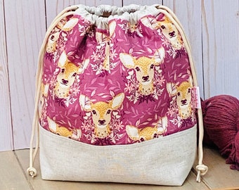 Essex linen and cotton project bag - Oh Deer in Grape - medium sized drawstring knitting bag - yarn bag, craft bag, general purpose bag