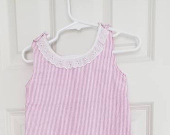 Adorable, Customizable Toddler Sunsuit, Harem Romper (size 9-12 mo) - Pink Seersucker I dissent Collar