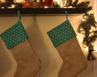 Handmade Teal and Burlap Christmas Stockings