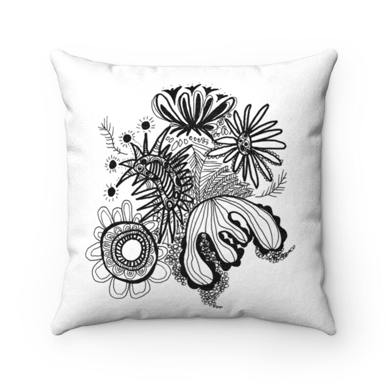 Faux Suede Square Pillow Case Funky Flowers Black and White Etsy
