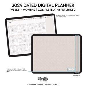 2024 Dated Landscape Digital Planner, Grocery List, Daily page, Multiple paper options, 12 customizable sections, Finance pages MONDAY image 1