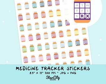 Printable Medicine tracker, Pill bottles, Digital pill tracker, vitamin tracker, prescription sticker download, bullet journal stickers