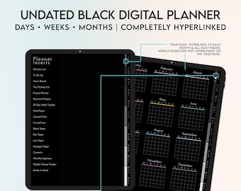 Undated black mode digital planner, Undated Digital Portrait planner, black mode planner, dark mode planner, hyperlinked tabs, Monday Start