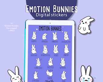Emotion Digital Stickers, Emoji bunny goodnotes stickers, hand drawn digital planner stickers, Goodnotes Emotion stickers, Mood Stickers