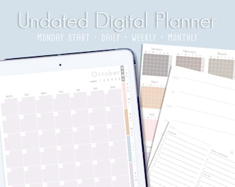 Neutral UnDated Digital Planner, Portrait Digital Undated Planner, Digital hyperlinked planner, ipad planner, Daily, Weekly, monthly- Monday