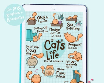 Cat Digital Stickers for Goodnotes, Cat Png Stickers, precropped Goodnotes stickers, hand drawn stickers, pngs for digital planner