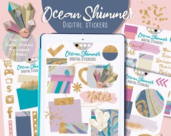 Ocean Shimmer Digital Stickers, Digital goodnotes weekly stickers, hand drawn digital planner stickers, Goodnotes Decorative stickers