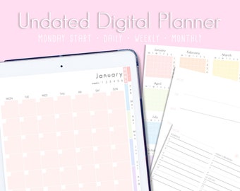 Pastel UnDated Digital Planner, Portrait Digital Undated Planner, Digital hyperlinked planner, ipad planner, Daily, Weekly, monthly- Monday