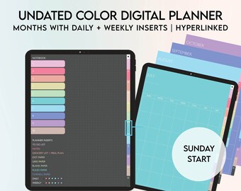 Colorful UnDated Digital Planner, Portrait Digital Undated Planner, Digi hyperlinked planner, ipad planner, Daily and Weekly inserts- Sunday