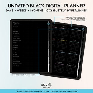 Undated black mode digital planner, Undated Digital Portrait planner, black mode planner, dark mode planner, hyperlinked tabs, Monday Start