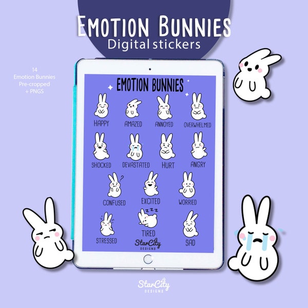 Emotion Digital Stickers, Emoji bunny goodnotes stickers, hand drawn digital planner stickers, Goodnotes Emotion stickers, Mood Stickers