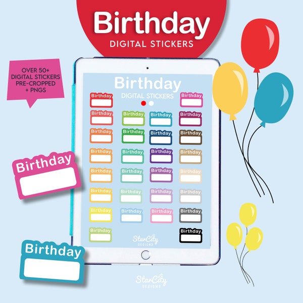 Birthday Stickers Pre-cropped for Goodnotes, Balloon sticker pngs for goodnotes, tablet stickers, digi stickers, Birthday digital stickers