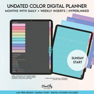 Colorful UnDated Digital Planner, Portrait Digital Undated Planner, Digi hyperlinked planner, ipad planner, Daily and Weekly inserts- Sunday