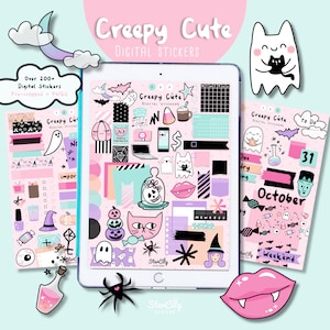 Creepy Cute Digital Stickers, Halloween goodnotes weekly stickers, hand drawn digital planner stickers, Goodnotes Halloween stickers