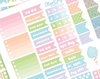 Pastel Printable Planner Stickers, planner flags, cotton candy planner, checklist boxes, water trackers, assorted stickers