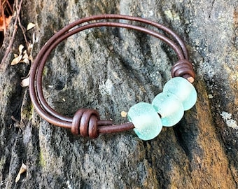 Driftline Sea glass Bracelet• Leather Cord Sea Glass Bracelet • Frosty Water Winter Jewelry • Handmade Boho Leather Bracelet