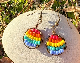 Horizon Beaded Hoop Earrings, Copper Hoops with Glass Seed Beads, Boho Jewelry